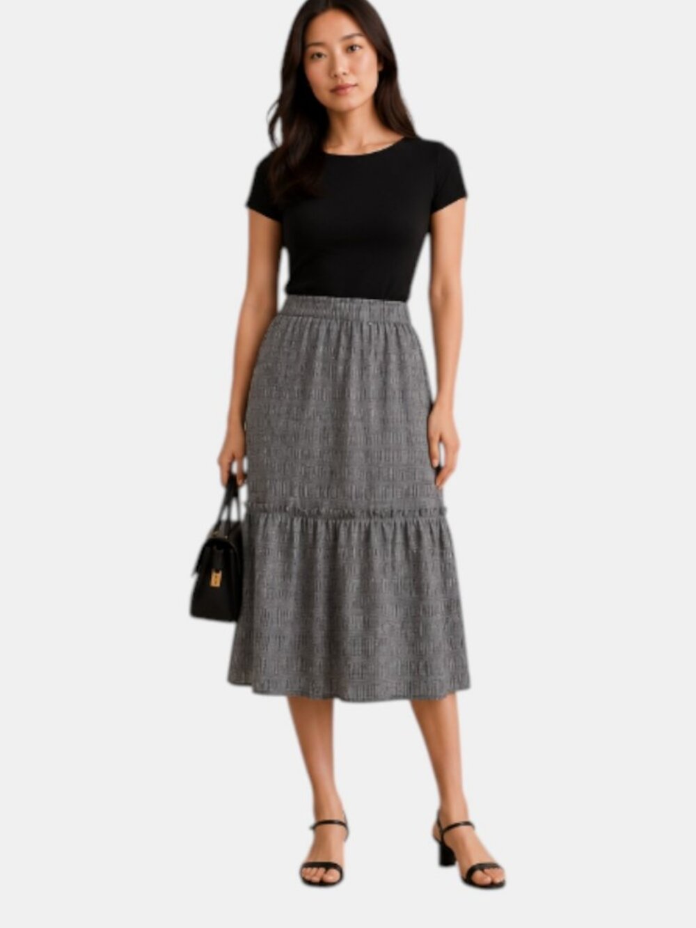 T TAHARI HOUNDSTOOTH MIDI SKIRT BLACK WHITE RUFFLE HEM NWT SIZE M